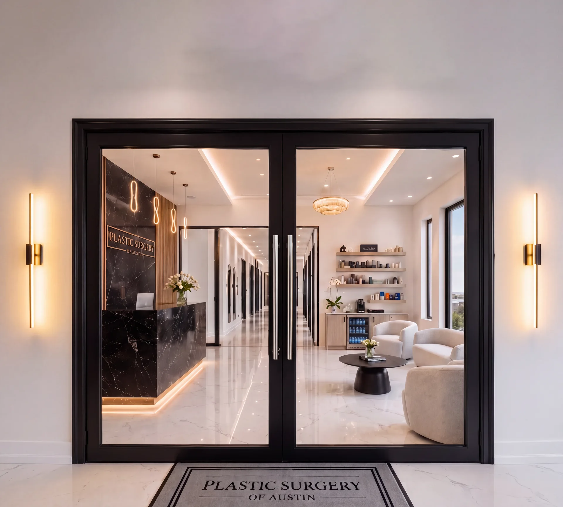 Plastic Surgery of Austin practice entrance — glass double doors, marble lobby, reception desk