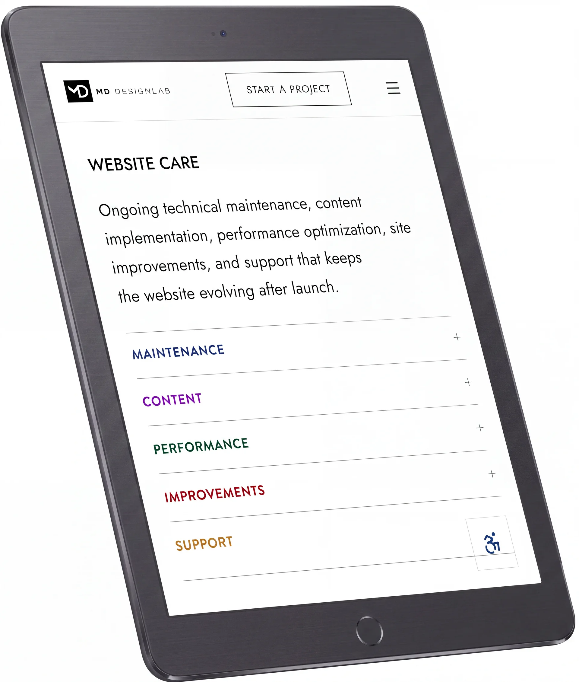 MD DesignLab website care plan shown on a tablet