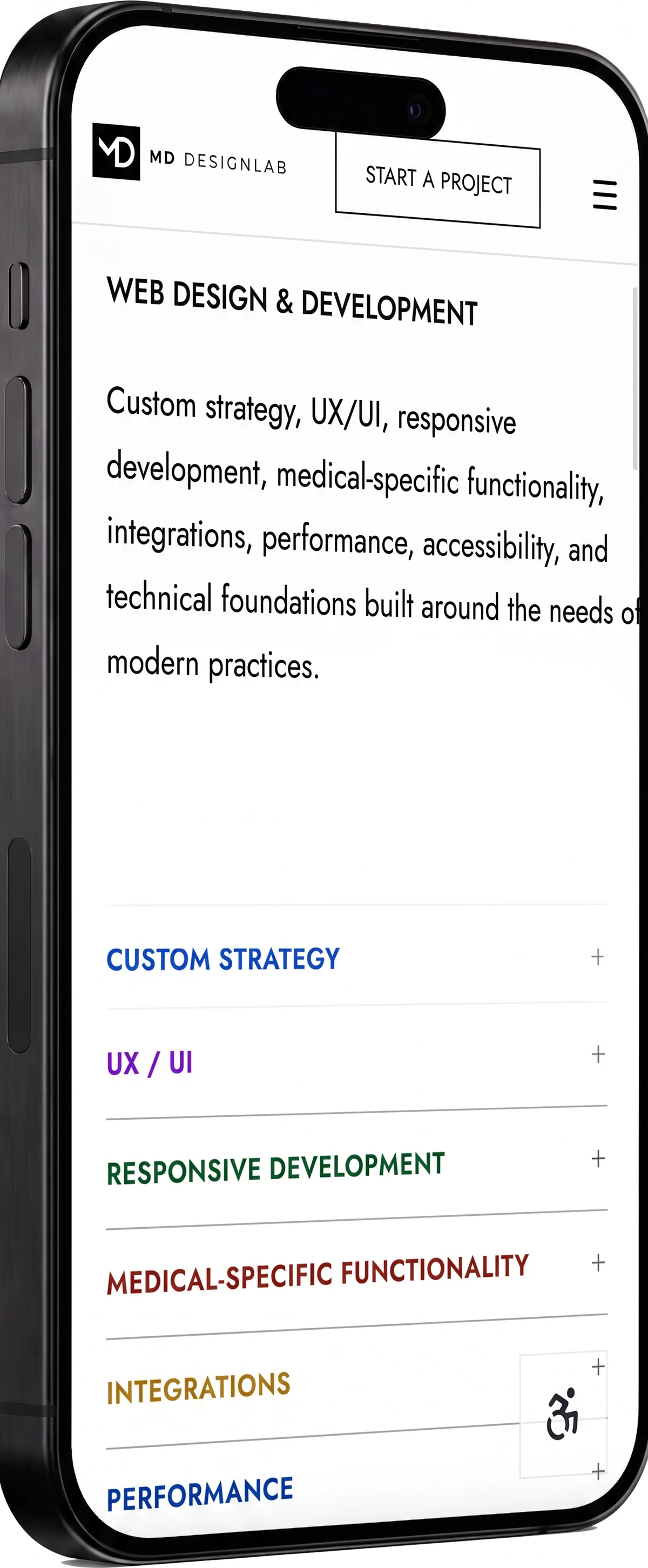MD DesignLab web design — mobile preview on iPhone