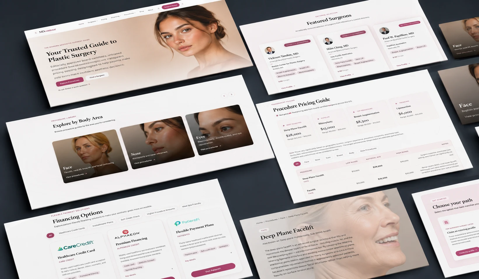 MDcontour — completed platform including directory, surgeon profiles, procedure pages, and portal interfaces