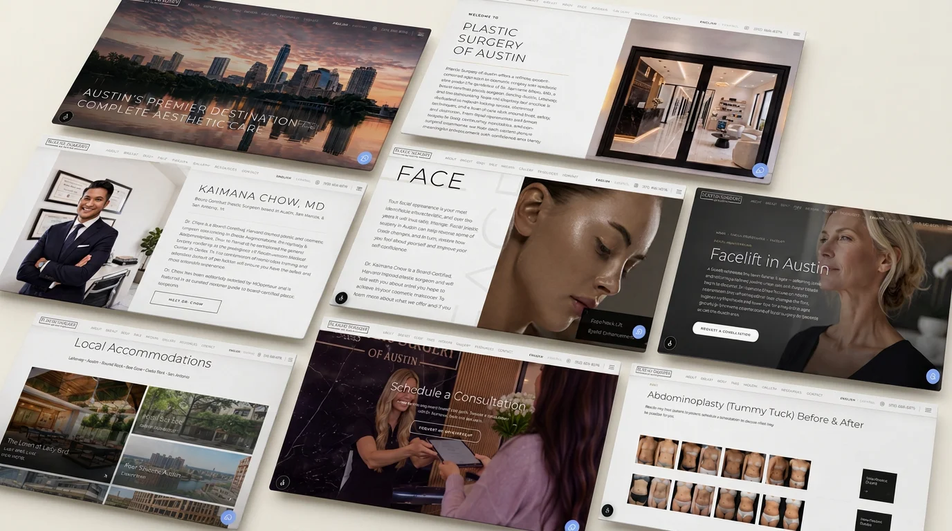 Plastic Surgery of Austin website — multiple page compositions including hero, about, face procedures, facelift, schedule consultation, accommodations, and before/after gallery