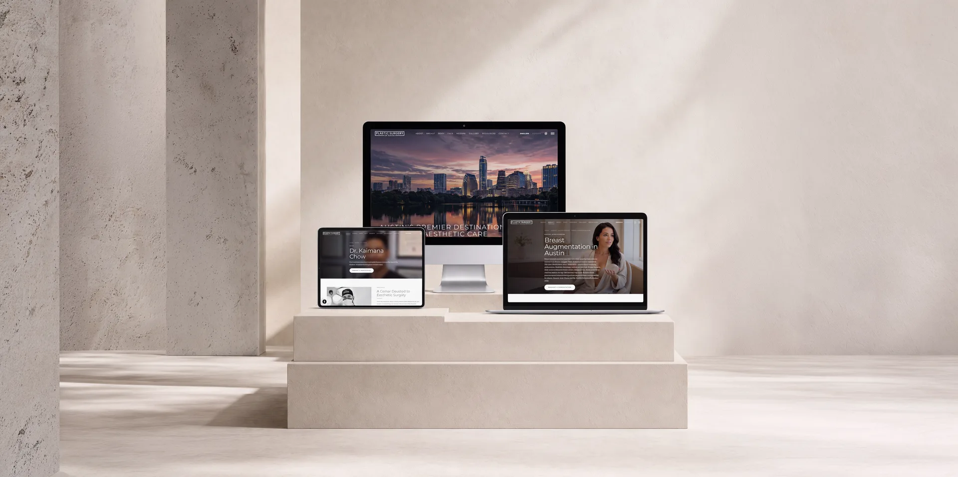 Plastic Surgery of Austin website displayed across desktop, laptop, and tablet